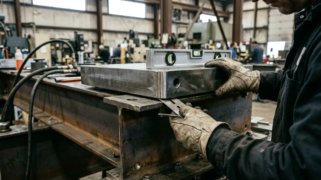 Technician inserting a stainless-steel leveling shim under the corner of a load cell mounting baseplate beside a spirit level