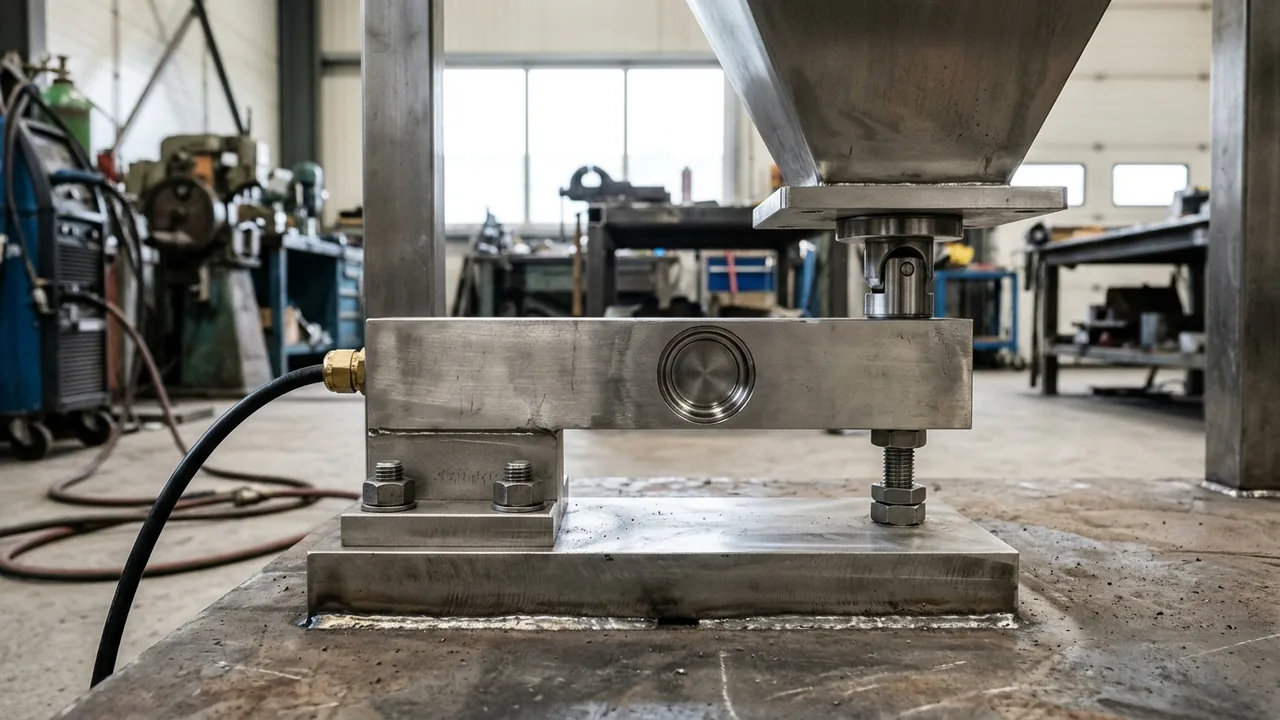Stainless-steel shear-beam load cell weigh module bolted to a flat steel baseplate under a hopper support leg