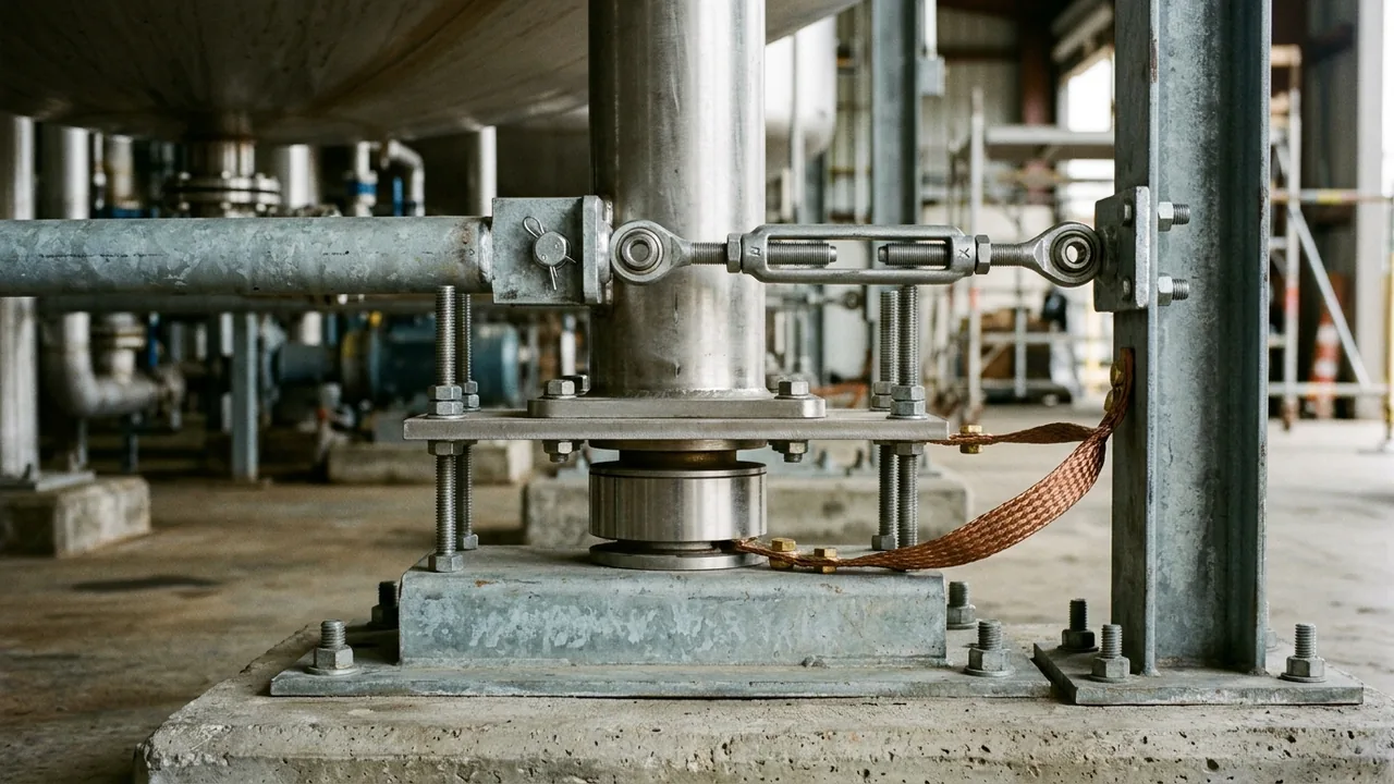 Compression load cell weigh module with a horizontal galvanized turnbuckle stay rod, anti-tilt studs, and a copper earthing strap