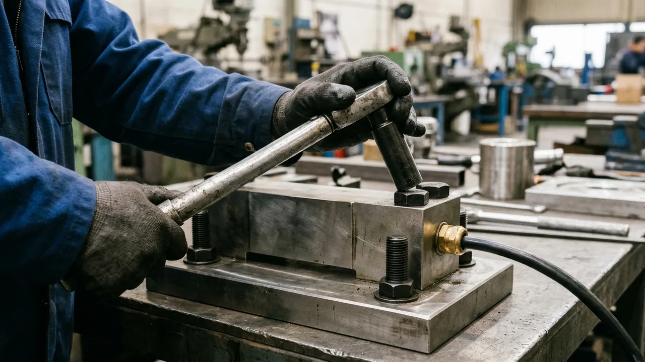 Mechanical torque wrench tightening a hex mounting bolt on the dead end of a horizontal shear-beam load cell